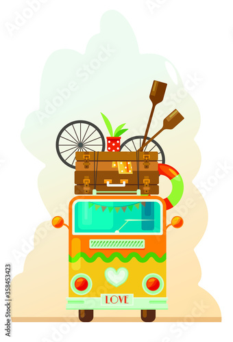 Cute vector illustration of a travelers car. Baggage on the roof. Hippie.