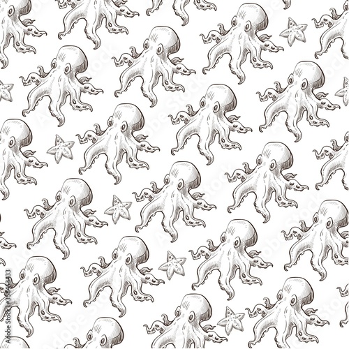 Sea octopus with tentacles, starfish oceanic creatures seamless pattern