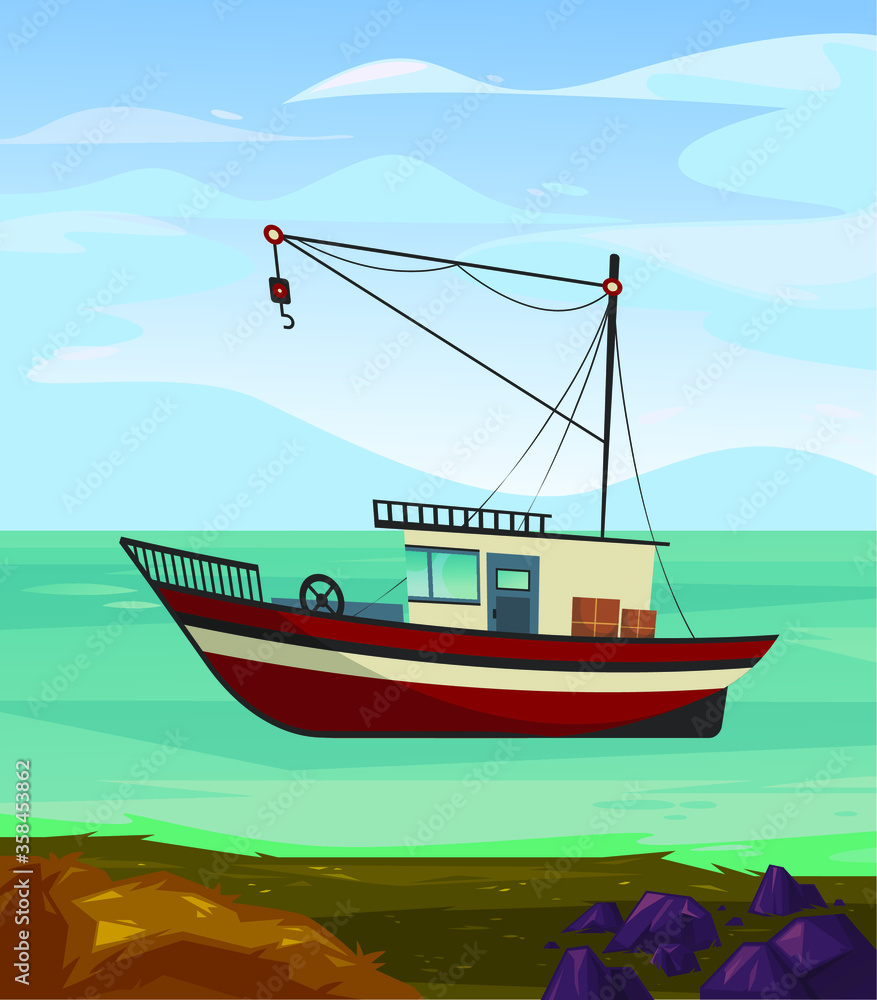 Cute cartoon illustration of a fishing boat. Northern landscape, the sea. Vector illustration. Nature.