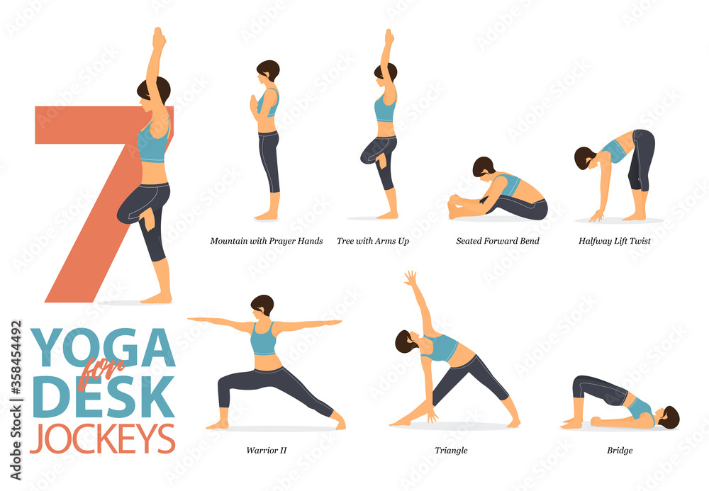 7 Yoga poses for workout in concept of desk jockeys. Woman exercising for body stretching. Yoga posture or asana for fitness infographic. Flat cartoon vector.