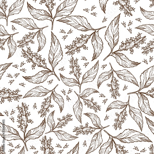 Laurel leaf in blossom, foliage of flower seamless pattern