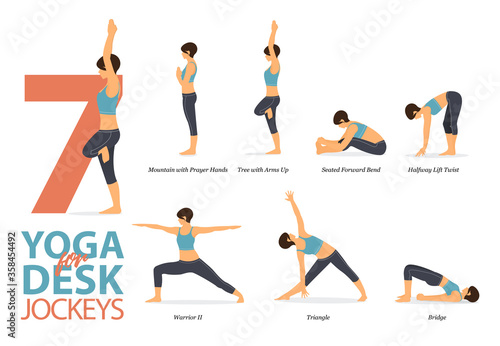 7 Yoga poses for workout in concept of desk jockeys. Woman exercising for body stretching. Yoga posture or asana for fitness infographic. Flat cartoon vector.
