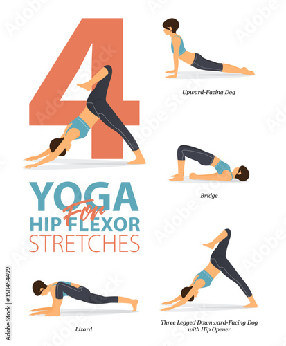 4 Yoga poses for workout in concept of hip flexor stretch. Woman exercising for body stretching. Yoga posture or asana for fitness infographic. Flat cartoon vector.