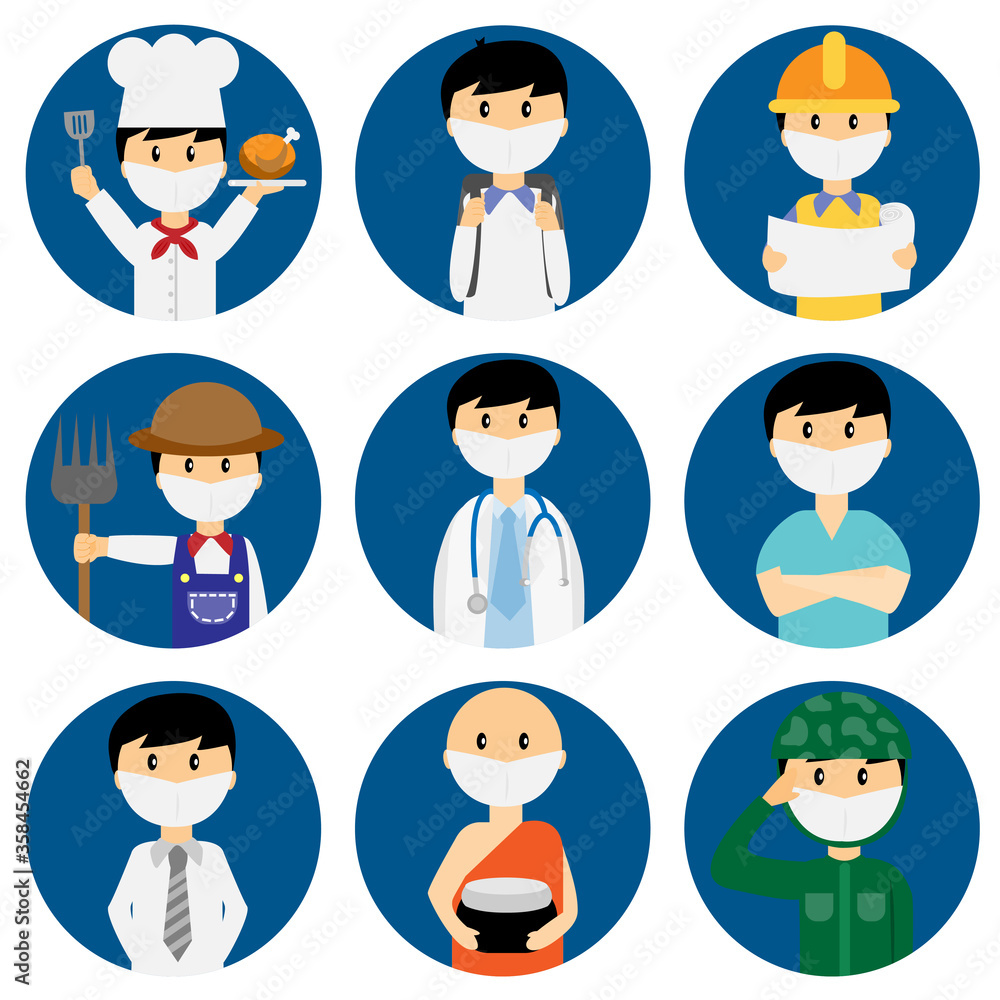 group of several career wearing mask icon flat vector