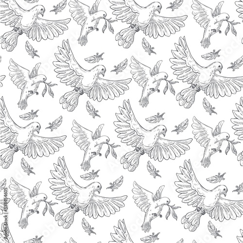 Flying doves carrying branches, pigeons seamless pattern vector