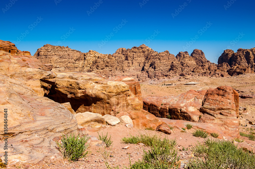 It's Landscape of mountains in Petra (Rose City), Jordan. Petra is one of the New Seven Wonders of the World.