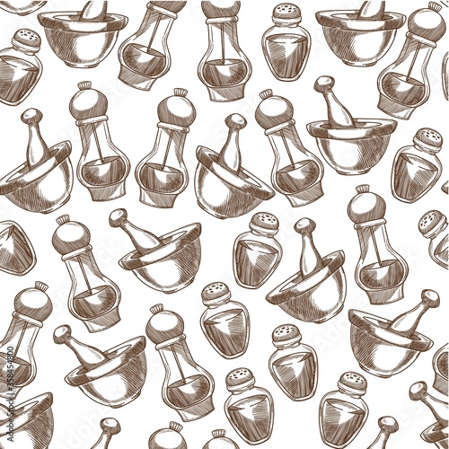 Salt and pepper shaker, species for dishes seamless pattern
