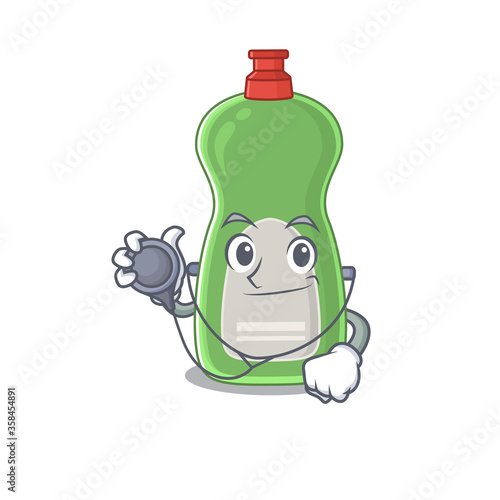 A dedicated dishwashing liquid doctor caricature design working with tools