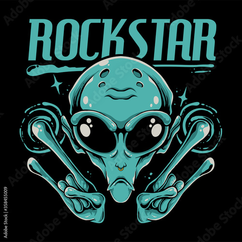 Alien rockstar illustration. Rock sign. Alien head design for t-shirt, sticker, or music festival poster