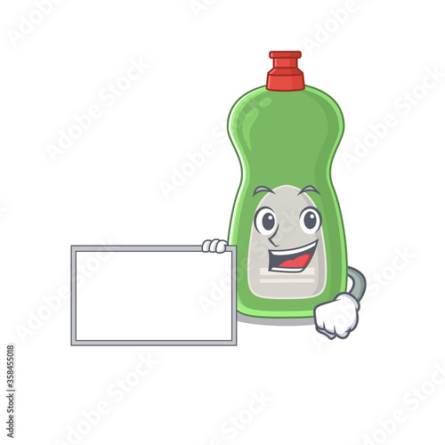 Cartoon character style of dishwashing liquid holding a white board