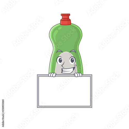 Funny cartoon design style dishwashing liquid standing behind a board