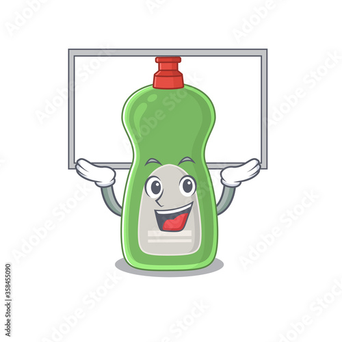 Mascot character of dishwashing liquid rise up a white board