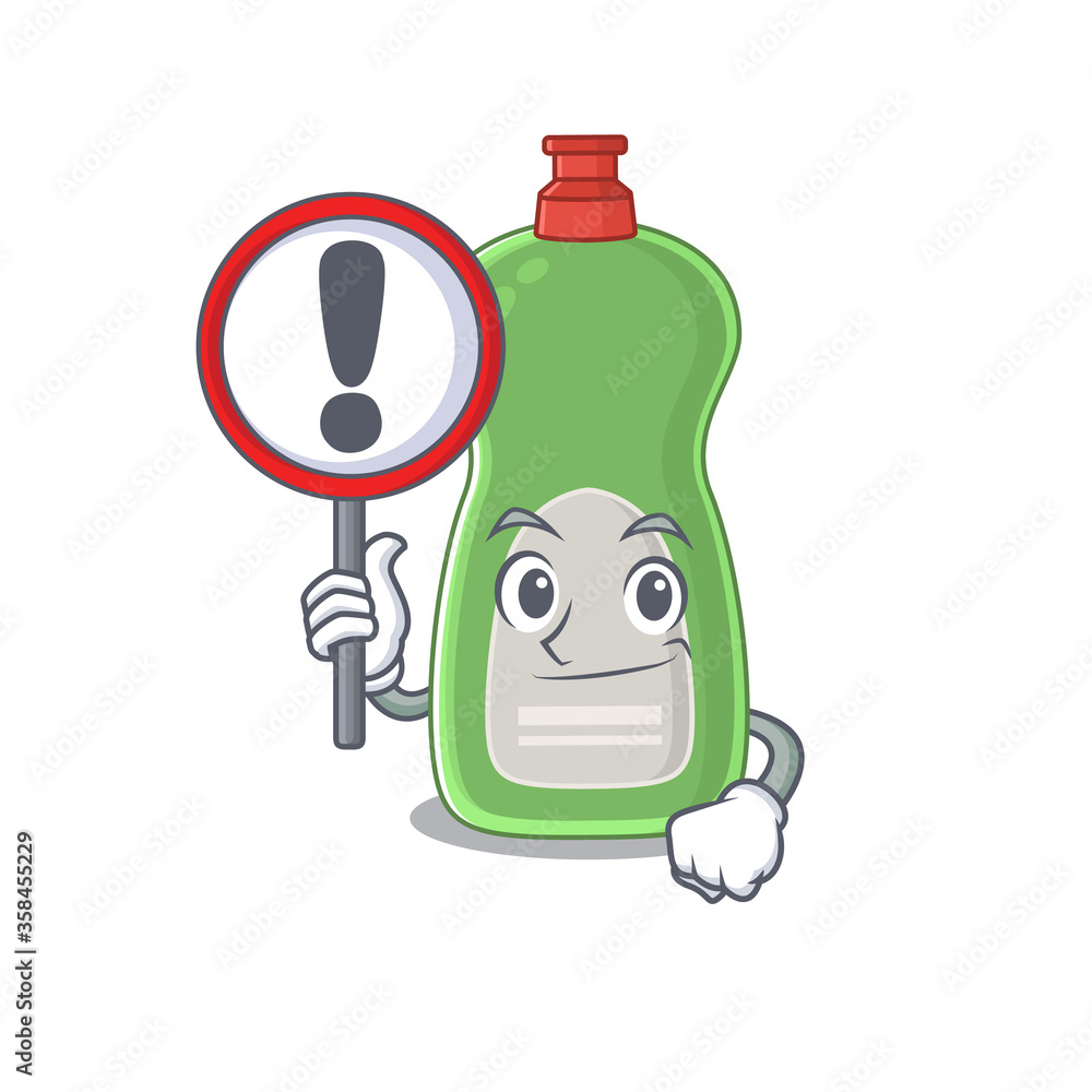A cartoon icon of dishwashing liquid with a exclamation sign board A cartoon icon of dishwashing liquid with a exclamation sign board