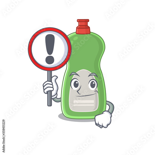 A cartoon icon of dishwashing liquid with a exclamation sign board