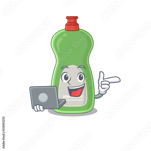 A neat cartoon character of dishwashing liquid l working at home during pandemic