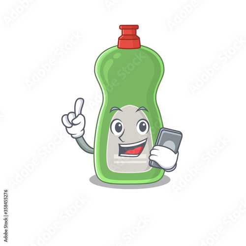 caricature character design style of dishwashing liquid speaking on phone