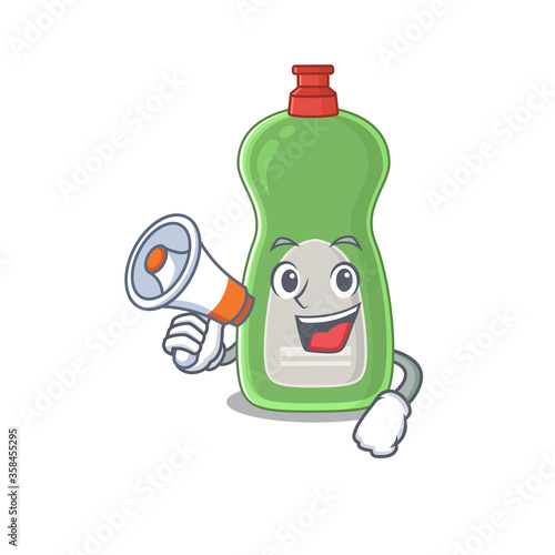 Dishwashing liquid carton picture style giving announcement on a megaphone