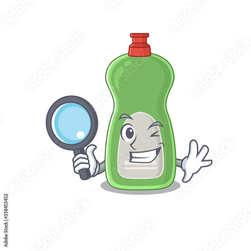 cartoon mascot design of dishwashing liquid super Detective breaking the case using tools