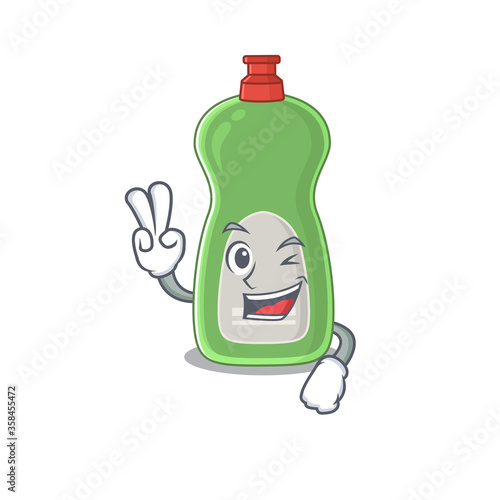 A joyful dishwashing liquid cartoon mascot style show two fingers pose