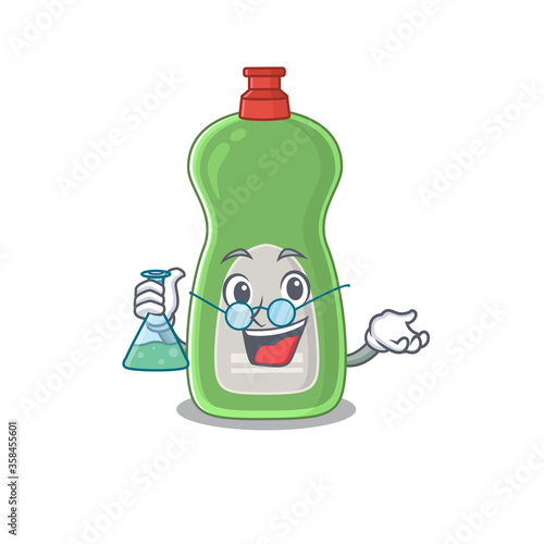 Super Genius Professor of dishwashing liquid Caricature character working on a lab