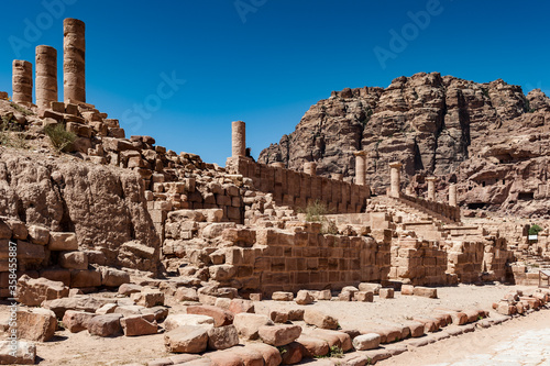 It's Great temple complex in Petra (Rose City), Jordan. The city of Petra was lost for over 1000 years. Now one of the Seven Wonders of the Word