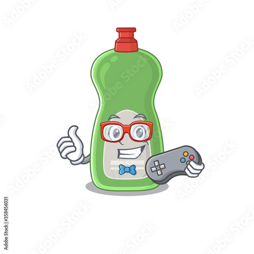 Cartoon Mascot design of dishwashing liquid gamer using controller