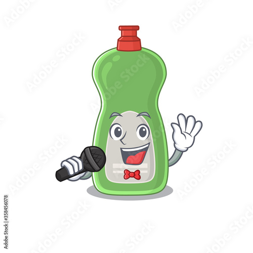 caricature character of dishwashing liquid happy singing with a microphone