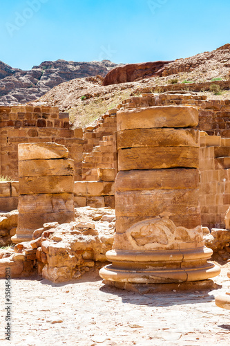 It's Roman columns of the Great temple complex in Petra (Rose City), Jordan. The city of Petra was lost for over 1000 years. Now one of the Seven Wonders of the Word photo