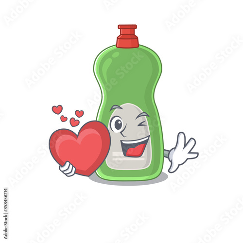 A lovable dishwashing liquid caricature design style holding a big heart