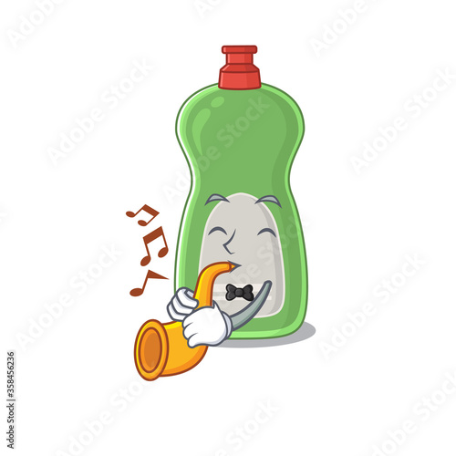 Dishwashing liquid musician of cartoon picture playing a trumpet on stage