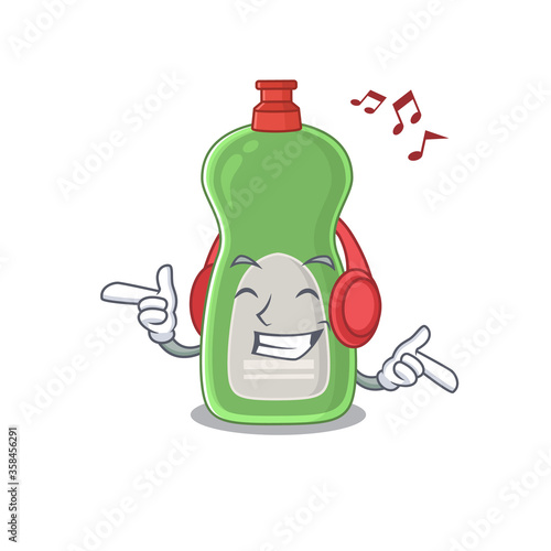 A Caricature design style of dishwashing liquid listening music on headphone