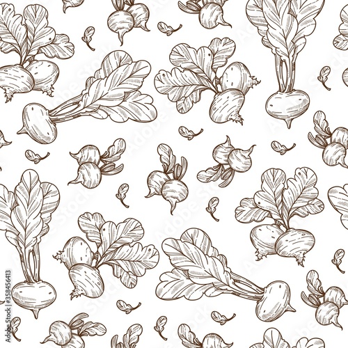 Beetroot vegetable with leaves, ripe veggie seamless pattern