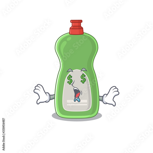 happy rich cartoon concept of dishwashing liquid with money eyes