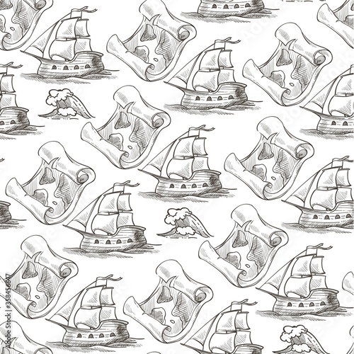 Vintage ship and map on parchment paper seamless pattern