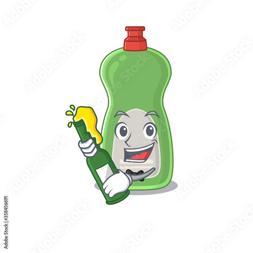 A caricature design style of dishwashing liquid cheers with a bottle of wine