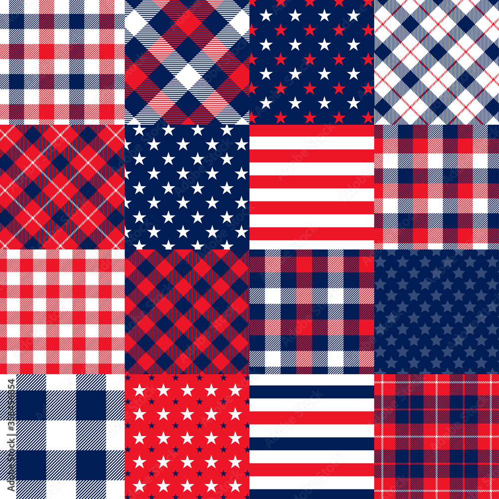 
Americana Stars and Stripes Cheater Quilt Vector Seamless Pattern. Patchwork Squares of Patriotic Red, White and Blue Stars and Stripes, Gingham Plaid and Tartan. 