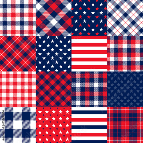 
Americana Stars and Stripes Cheater Quilt Vector Seamless Pattern. Patchwork Squares of Patriotic Red, White and Blue Stars and Stripes, Gingham Plaid and Tartan. 