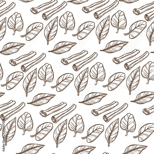 Cinnamon stick and leaves for aromatic fragrance seamless pattern