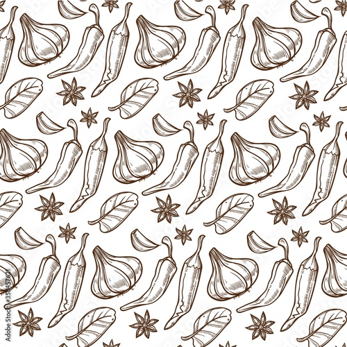 Chilli pepper, anise and garlic, herbs seamless pattern
