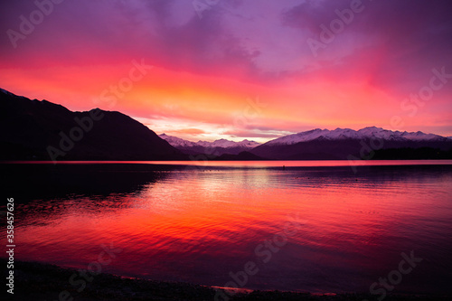 Sunset in Wanaka Lake in New Zealand South Island. ‎June ‎12, ‎2018
