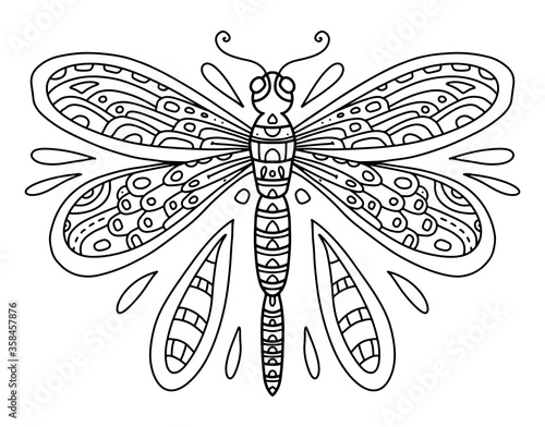 Vector coloring book with dragonfly line art black and white illustration. Insect with wings and small details. Coloring page for adults and children with dragonfly. A series of coloring with insects.