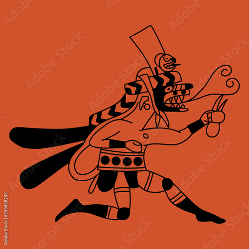 Native American art from ancient Peru. Fantastic running character. Coyote man. Monochrome silhouette. Mythology of Moche or Mochica Indians.