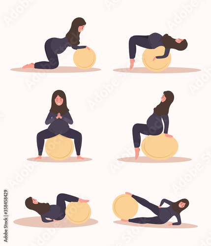 Yoga during pregnancy. Collection of fitness exercises with fitball. Arab woman doing sport. Health care and sport concept. Beauty female character. Vector illustration in flat style.