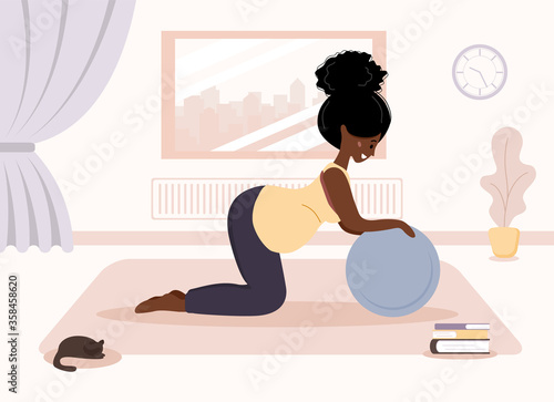 Yoga during pregnancy. African woman doing fitness exercises with fitball. Health care and sport concept. Beauty female character at home interior. Vector illustration in flat style.