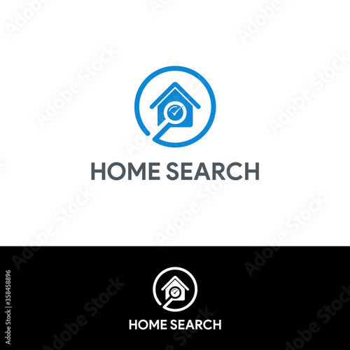 Home search logo - house with loupe or magnifier symbol. Estate agency, realty and real property vector icon