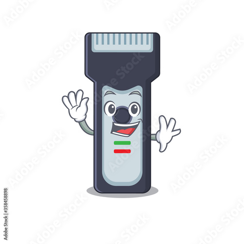 A charismatic electric shaver mascot design concept smiling and waving hand