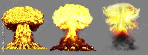 3D illustration of explosion - 3 huge high detailed different phases mushroom cloud explosion of nuke bomb with smoke and fire isolated on grey