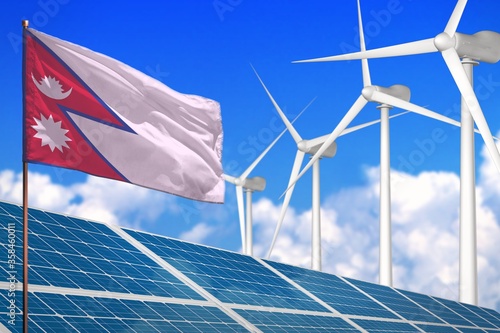 Nepal solar and wind energy, renewable energy concept with solar panels - renewable energy against global warming - industrial illustration, 3D illustration