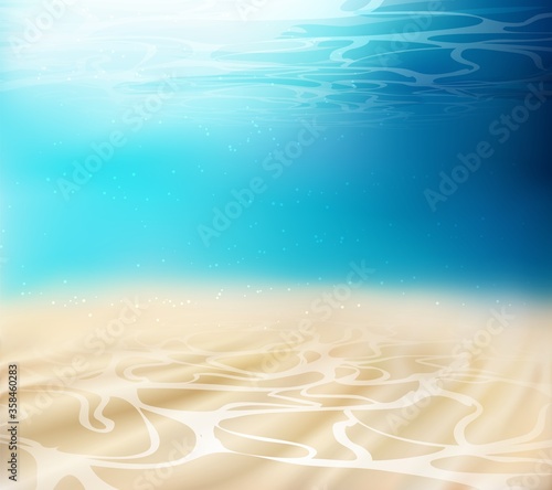Realistic underwater background. Ocean deep, sea under water level, sun rays blue wave horizon. Azure tropical tranquil landscape with white sand fond. Intact wild backdrop. Vector stock illustration.