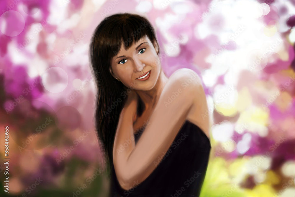 Raster illustration with a beautiful girl in a black dress on an abstract pink background. Raster illustration with a beautiful girl in a black dress on an abstract pink background.